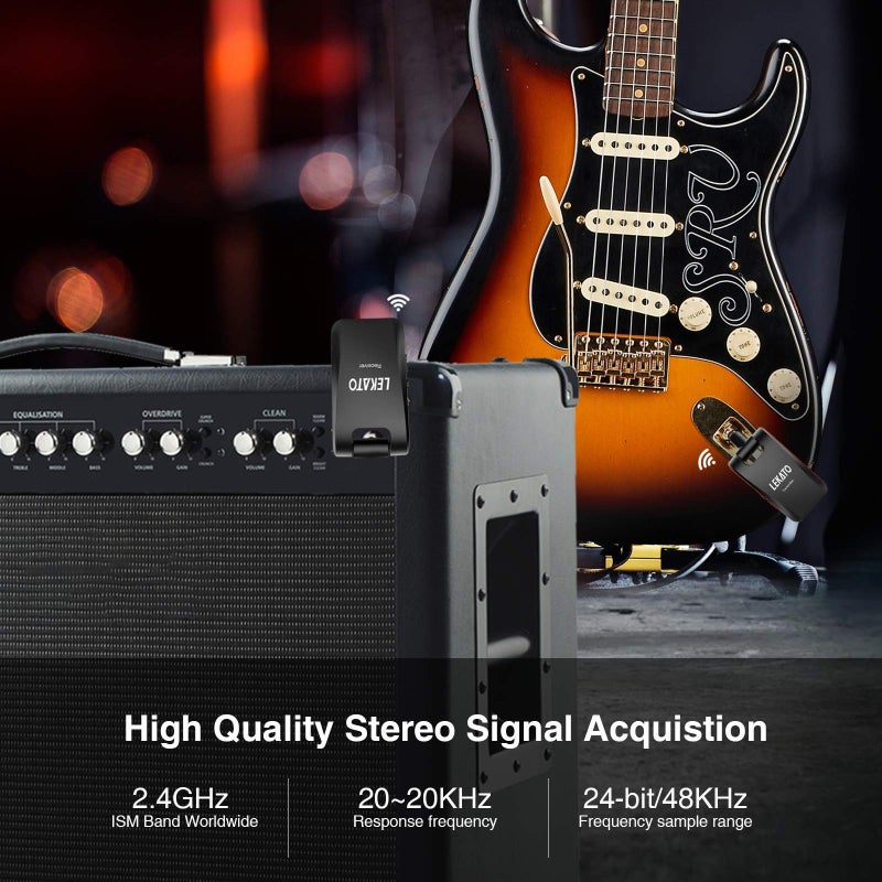 LEKATO Wireless Guitar System 2.4GHz Rechargeable Audio Wireless Transmitter Receiver 6 Channels for Guitar Bass Electric Instruments, Stereo and Mono 1/4â€ & 1/8â€ 2 in 1 Plugs,Black(WS-60) - Image 4